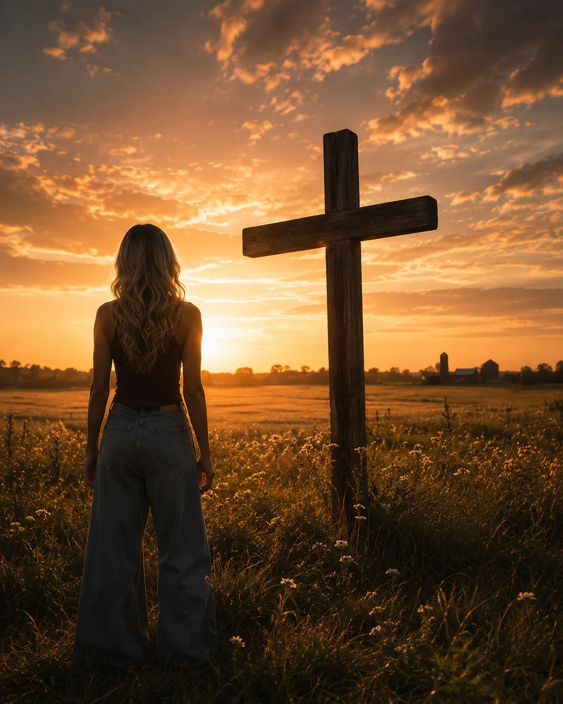 Savanah Shade facing a cross at sunset