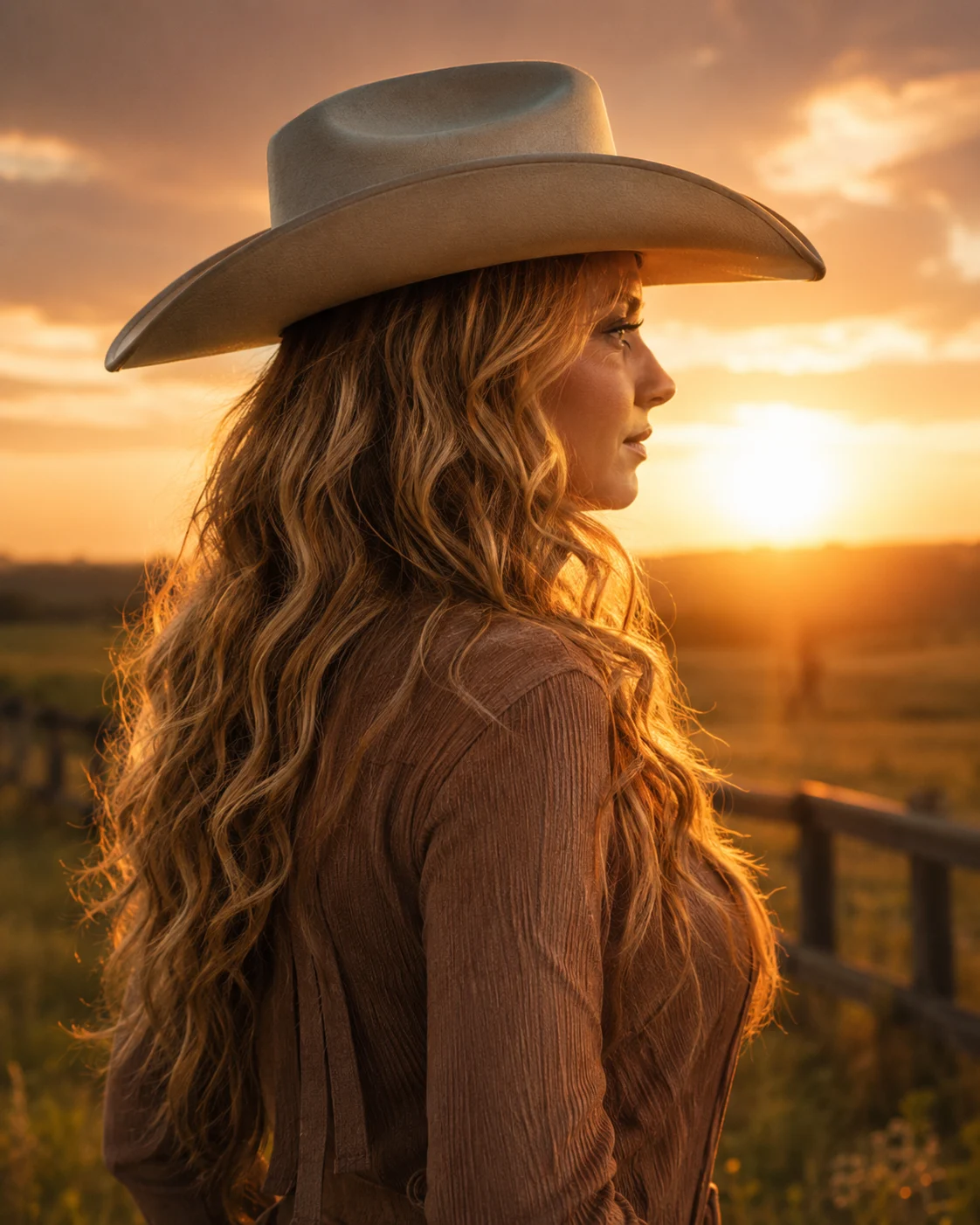 Savanah Shade in a cowboy hat at sunset